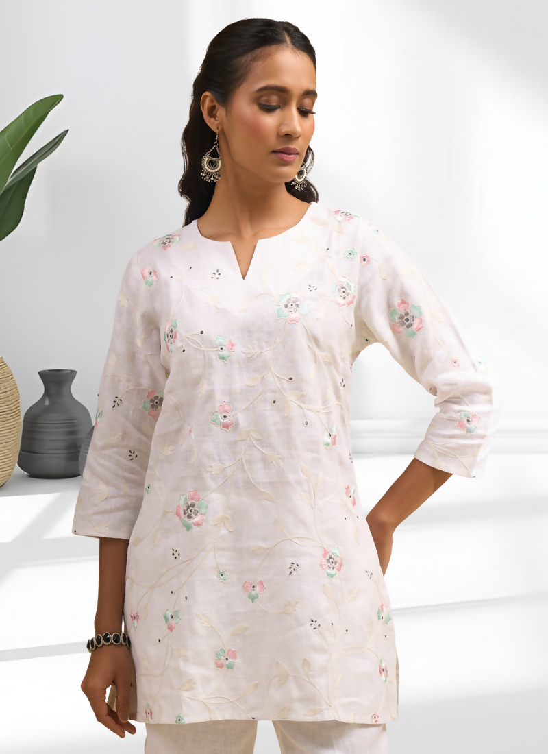 Off White Linen Embroidered Cord Set with Split V-Neck