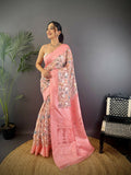 Rose pink floral motif Banarasi silk saree with matching unstitched blouse