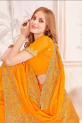 Mustard Fendi Two Tone Silk saree with Zari, Resham, and Zircon embroidery