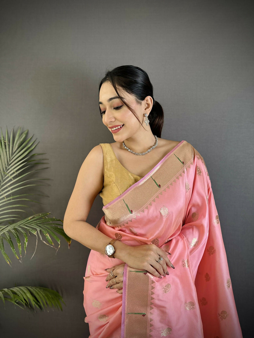 Light Pink Soft Silk Kanchipuram Saree with Peacock Floral Motifs