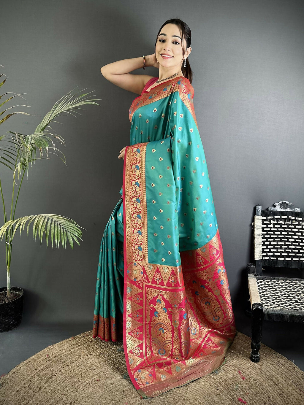 Teal Blue Soft Silk Banarasi Saree with Intricate Motifs