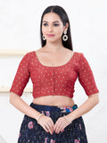 Red tissue fabric front open sleeveless blouse with round neck