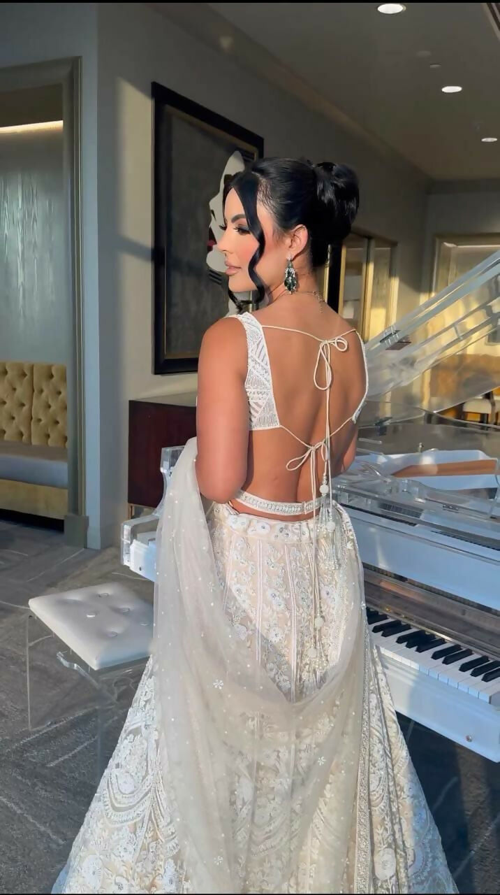 Off White Georgette Sequins Embroidered Designer Lehenga Set