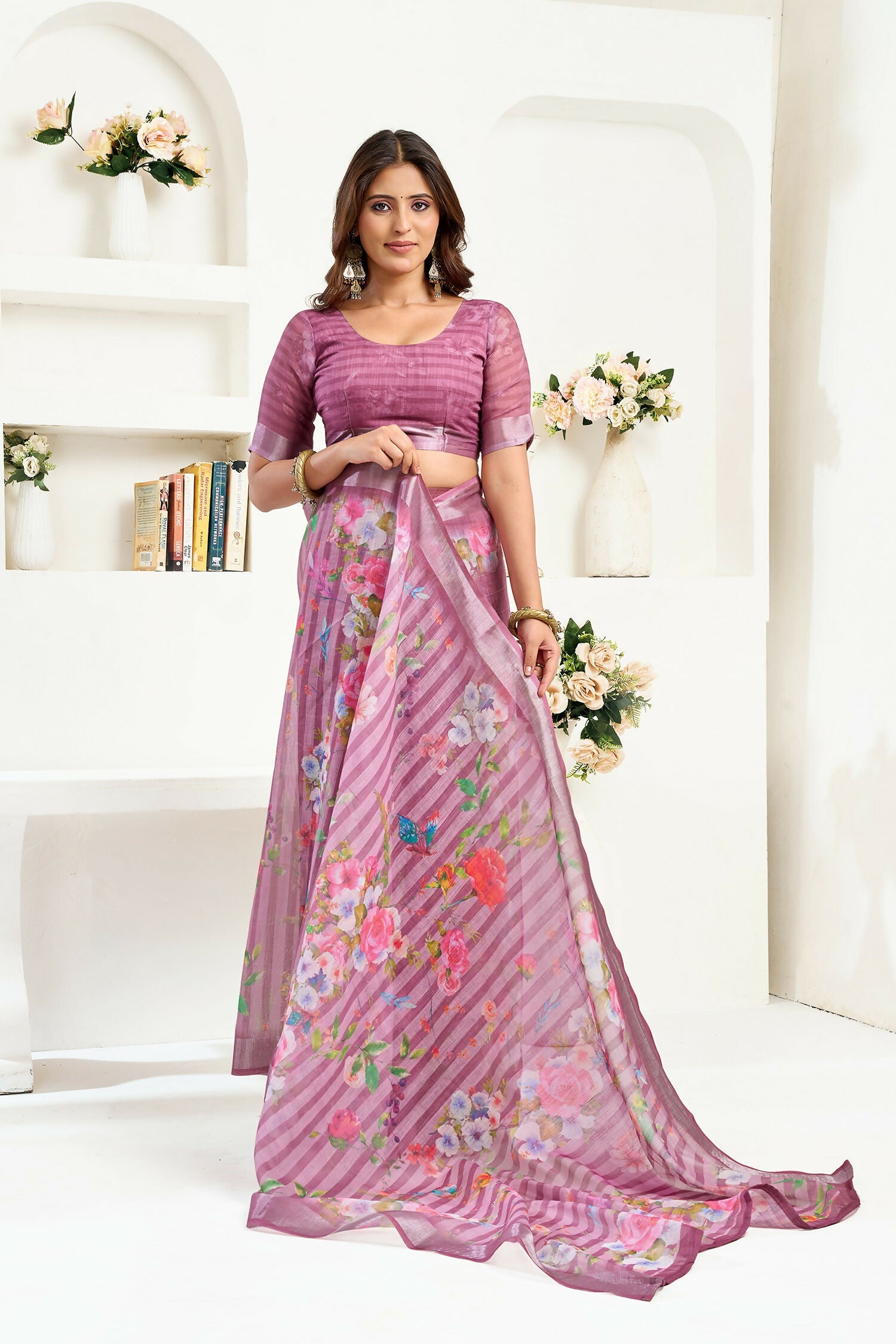 Dusty Wine Floral & Striped Linen Ready To Wear Saree