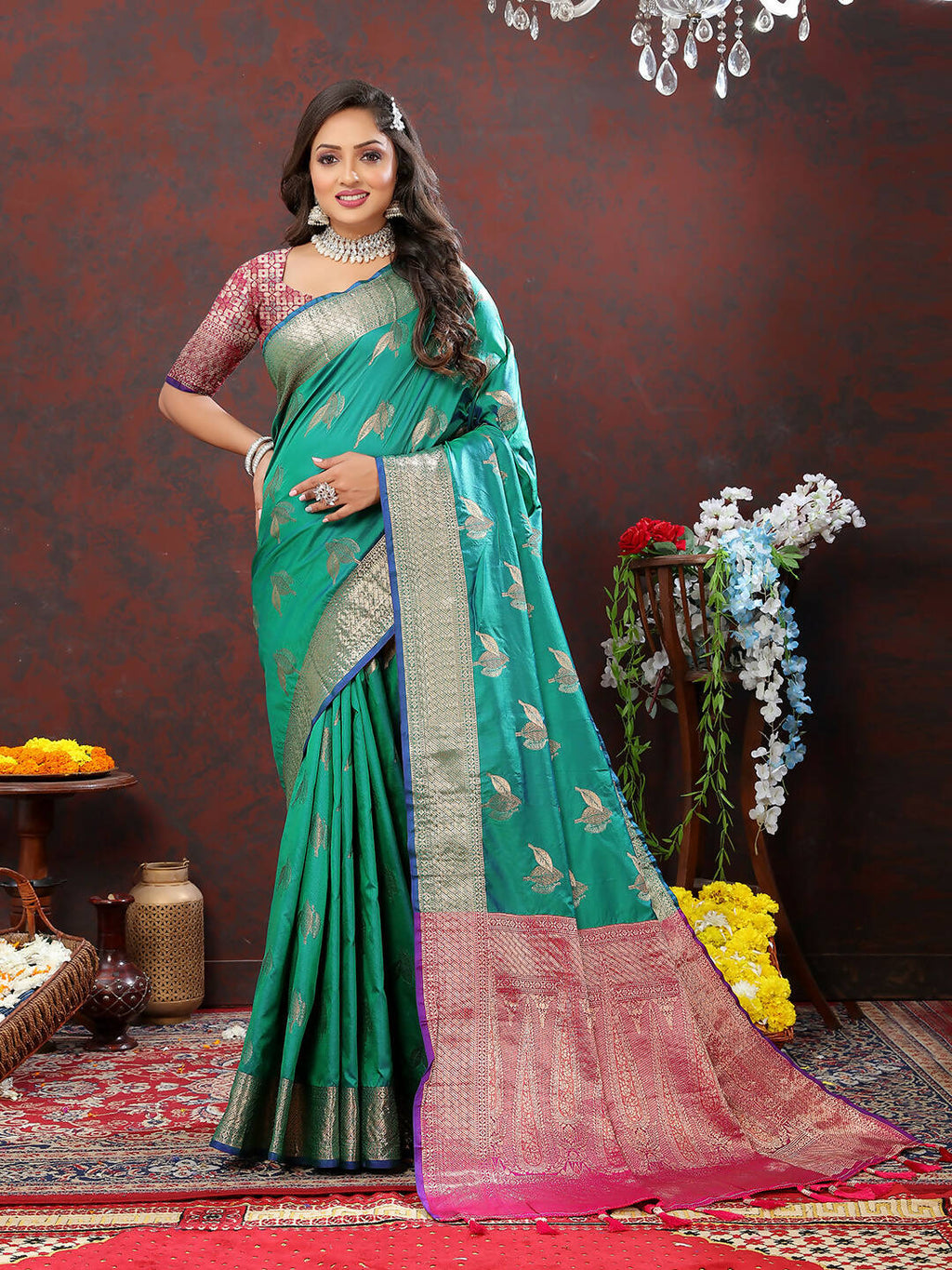 Teal Soft Silk Saree with Zari Weaving and Elegant Drape