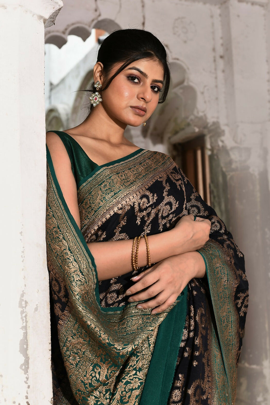 Navy Blue Crepe Chiffon Handloom Banarasi Silk Saree
