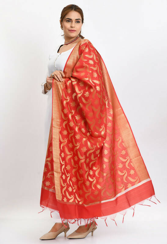 Red Banarsi Silk Dupatta with Intricate Floral Woven Design