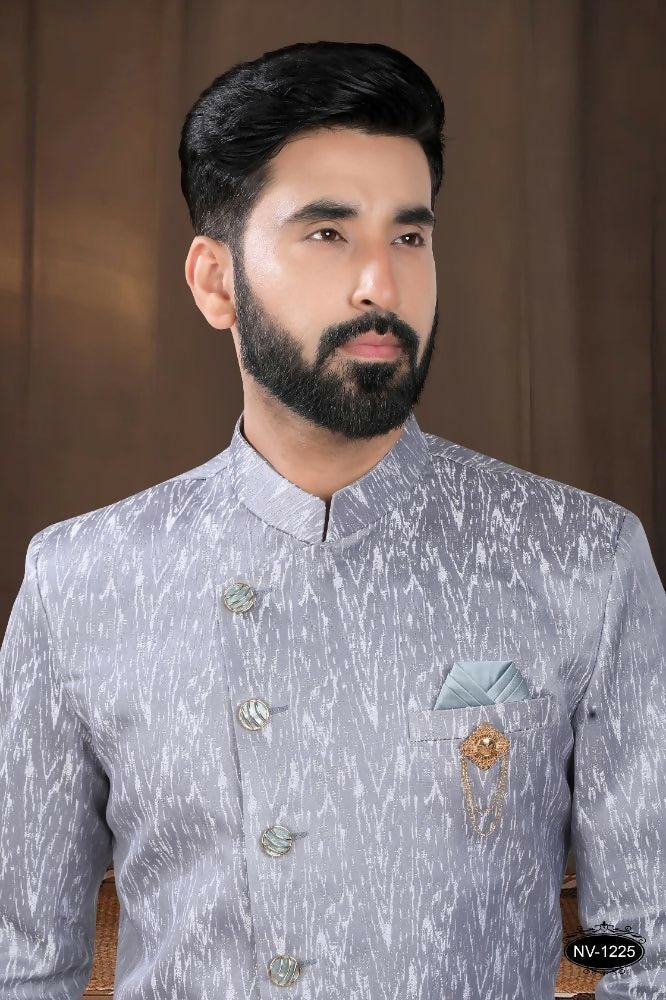 Boys Grey Woven Jacquard Kurta with White Pyjama Set