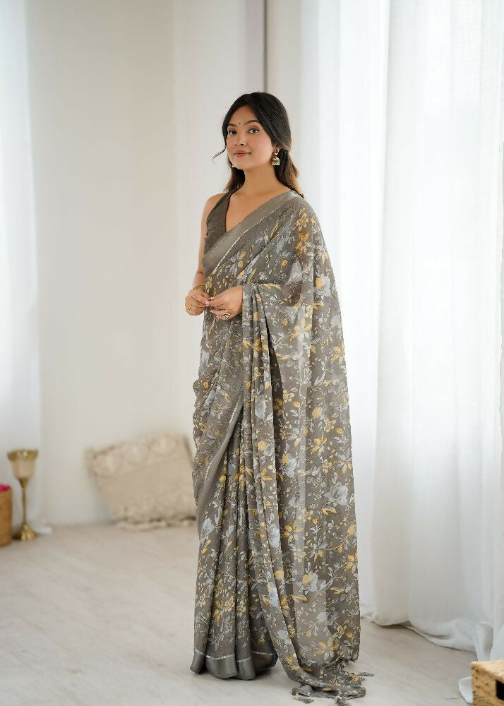 Grey Bright Moss Satin Patta Printed Saree