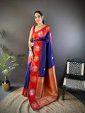 Full view of red butti Banarasi silk saree with accompanying unstitched blouse