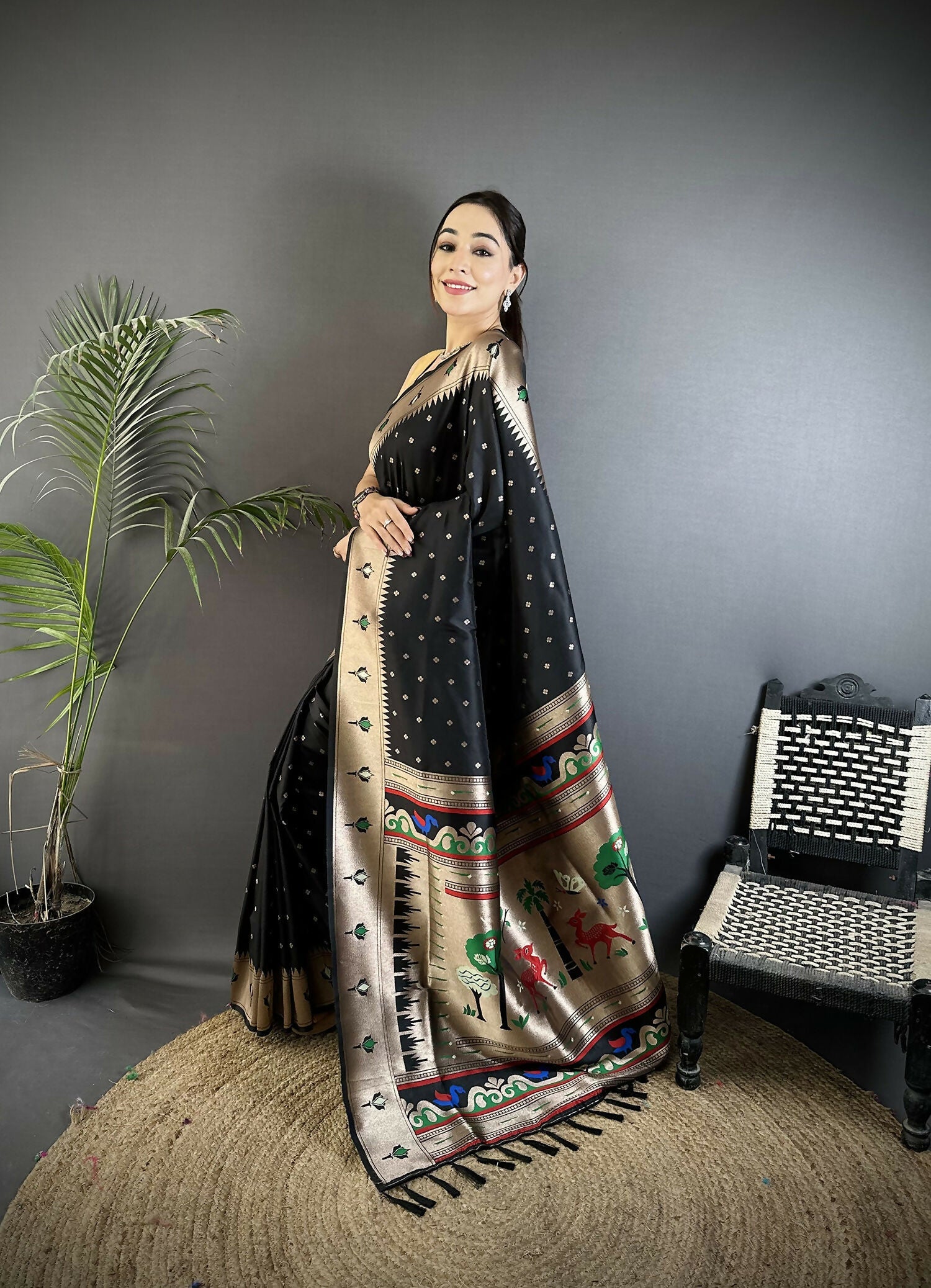 Black Peacock & Floral Motif Soft Lichi Silk Kanchipuram Saree