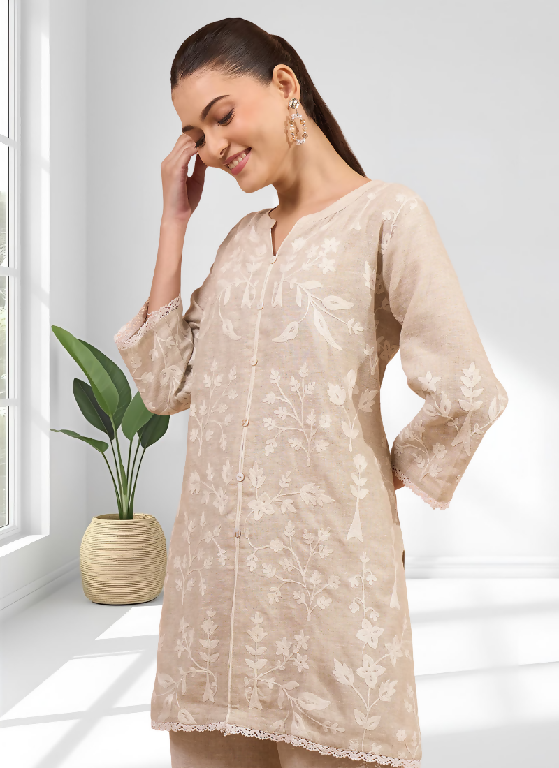 Beige Linen Embroidered Cord Set with V-Neck