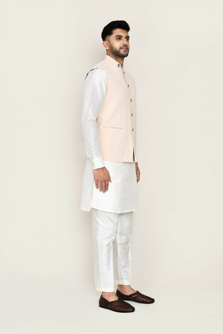 Classic White Art Silk Kurta, Jacket and Straight Pant Set