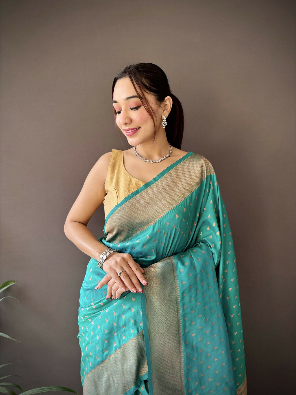 Teal Green Jacquard Butti Soft Lichi Silk Paithani Saree