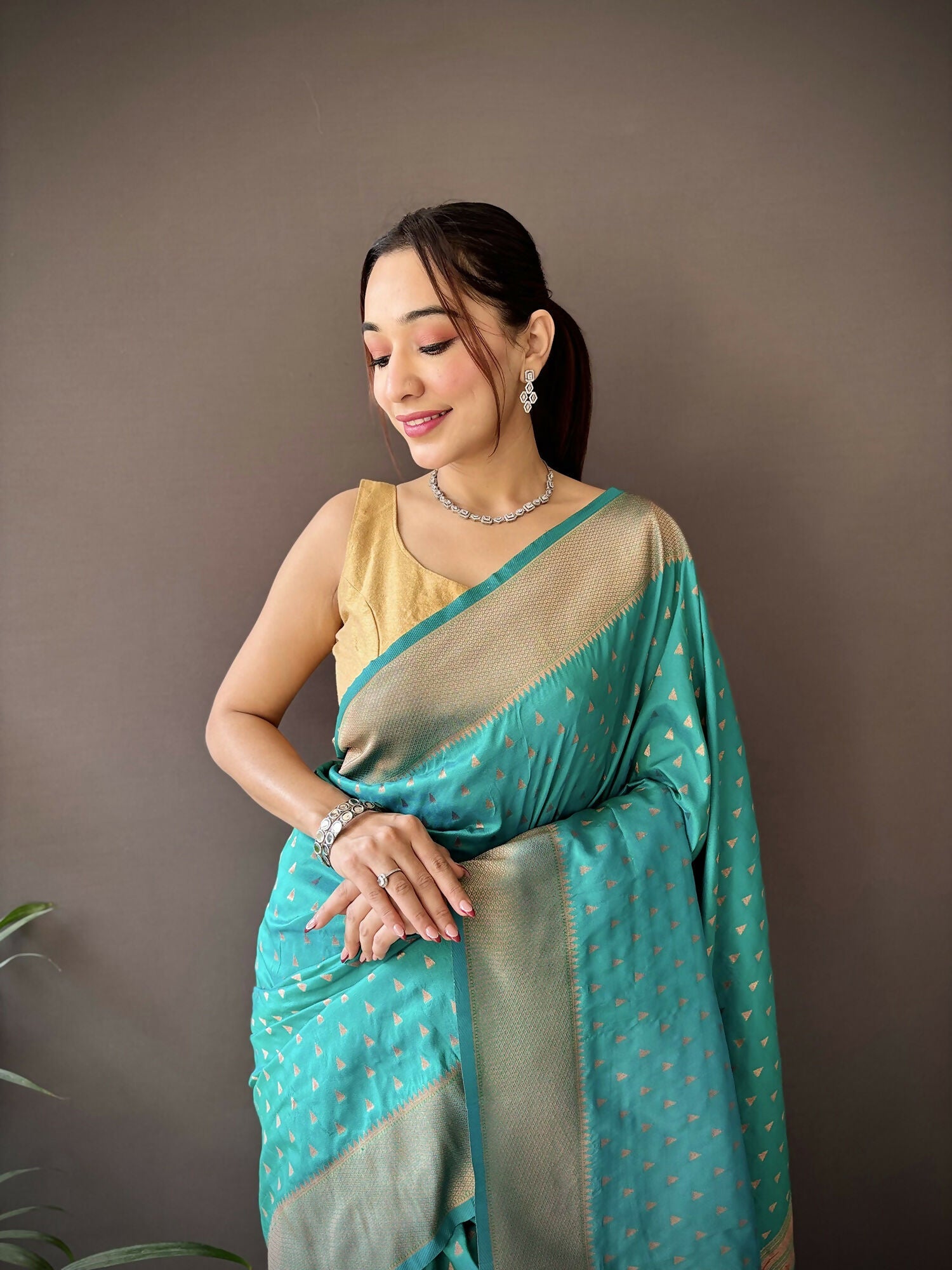 Teal Green Jacquard Butti Soft Lichi Silk Paithani Saree