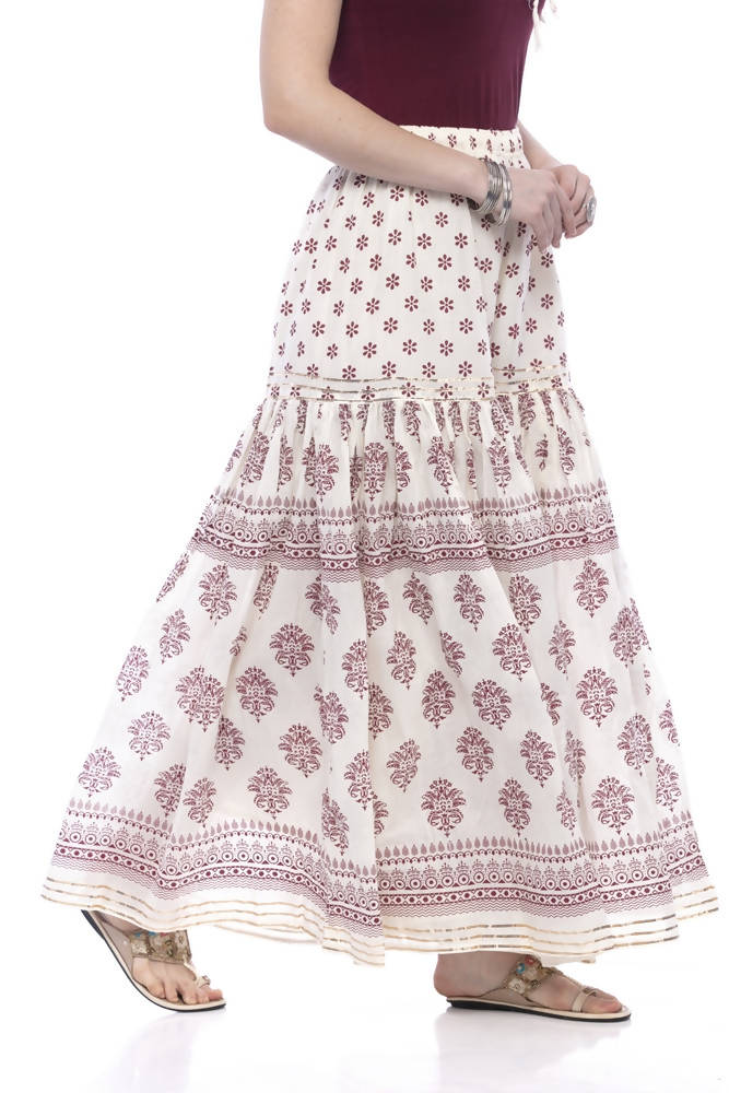 Cotton Block Print Palazzo Pants with Lace Work in Magenta