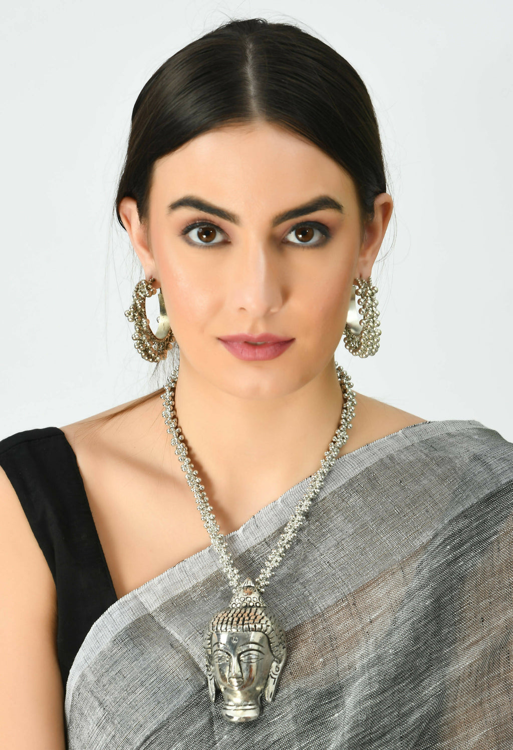 Silver-Plated Budha Long Necklace for Women Oxidised Jewelry