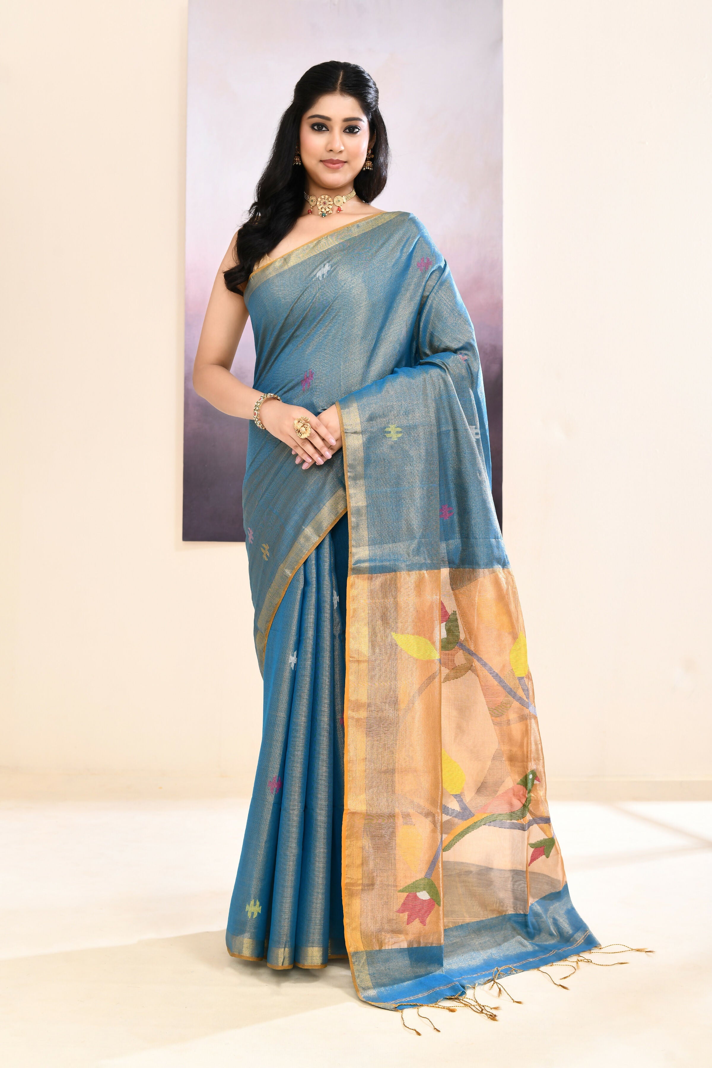 Sky Blue Embellished Tissue Jamdani Saree for Elegant Occasions