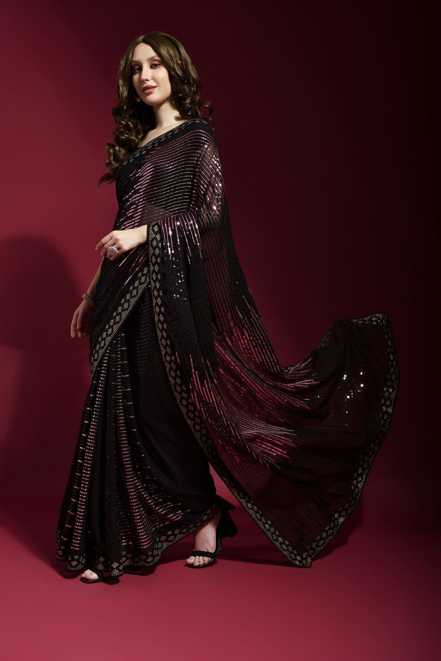 Black Georgette Embroidered Party Wear Saree with Matching Blouse