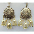 Gold-polished round triple jhumka Chandbali earrings with traditional detailing