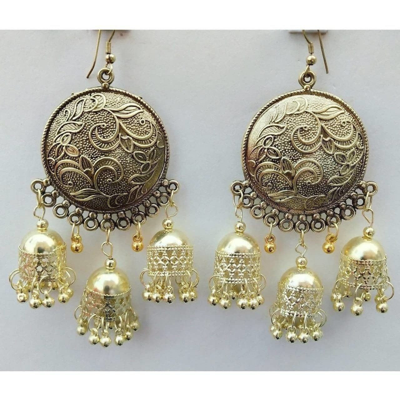 Gold-polished round triple jhumka Chandbali earrings with traditional detailing