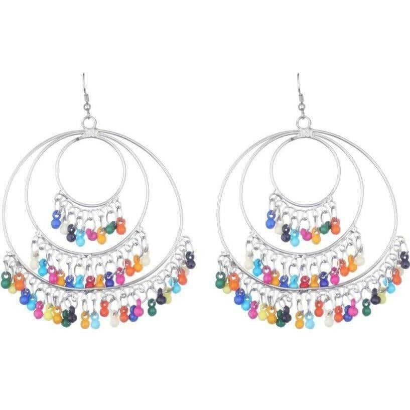Multi-color silver alloy Chandbali earrings with multi-layer design