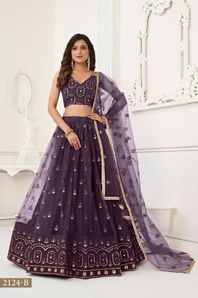 Dusty Wine Butterfly Net lehenga with sandwich sequence and thread embroidery