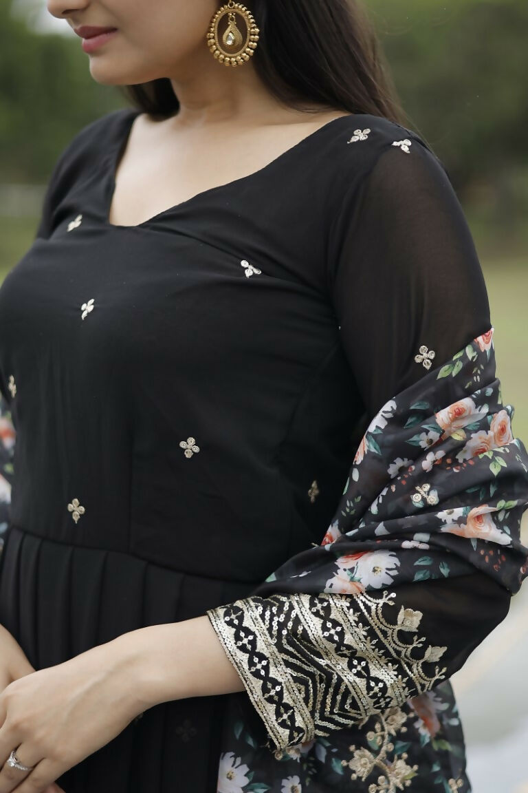 Black Faux Blooming Sequins Zari Embroidered Anarkali Dress