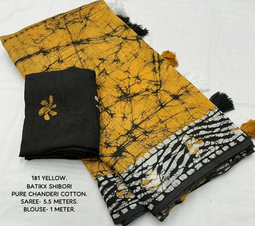 Mustered Combination Pure Chanderi Cotton Batik Printed Saree