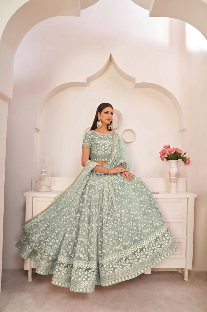 Turquoise Green Butterfly Net Lehenga with Zari and Sequence Embroidery