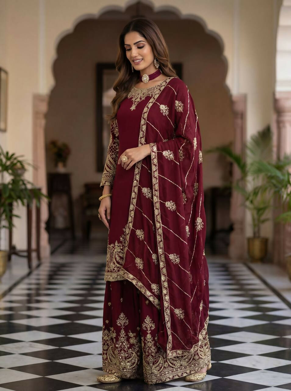 Maroon Silk Embroidered Sharara Set with Traditional Kurti
