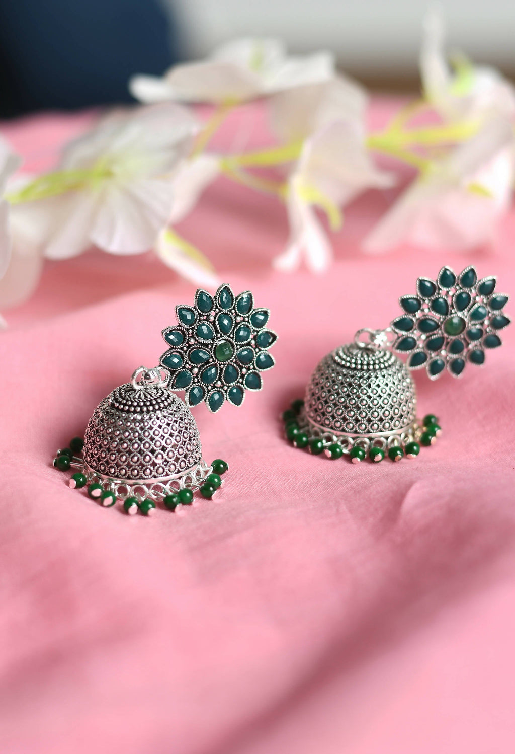 Joharkamal Kundan Jhumka Earrings with Green Beads, Silver-Plated