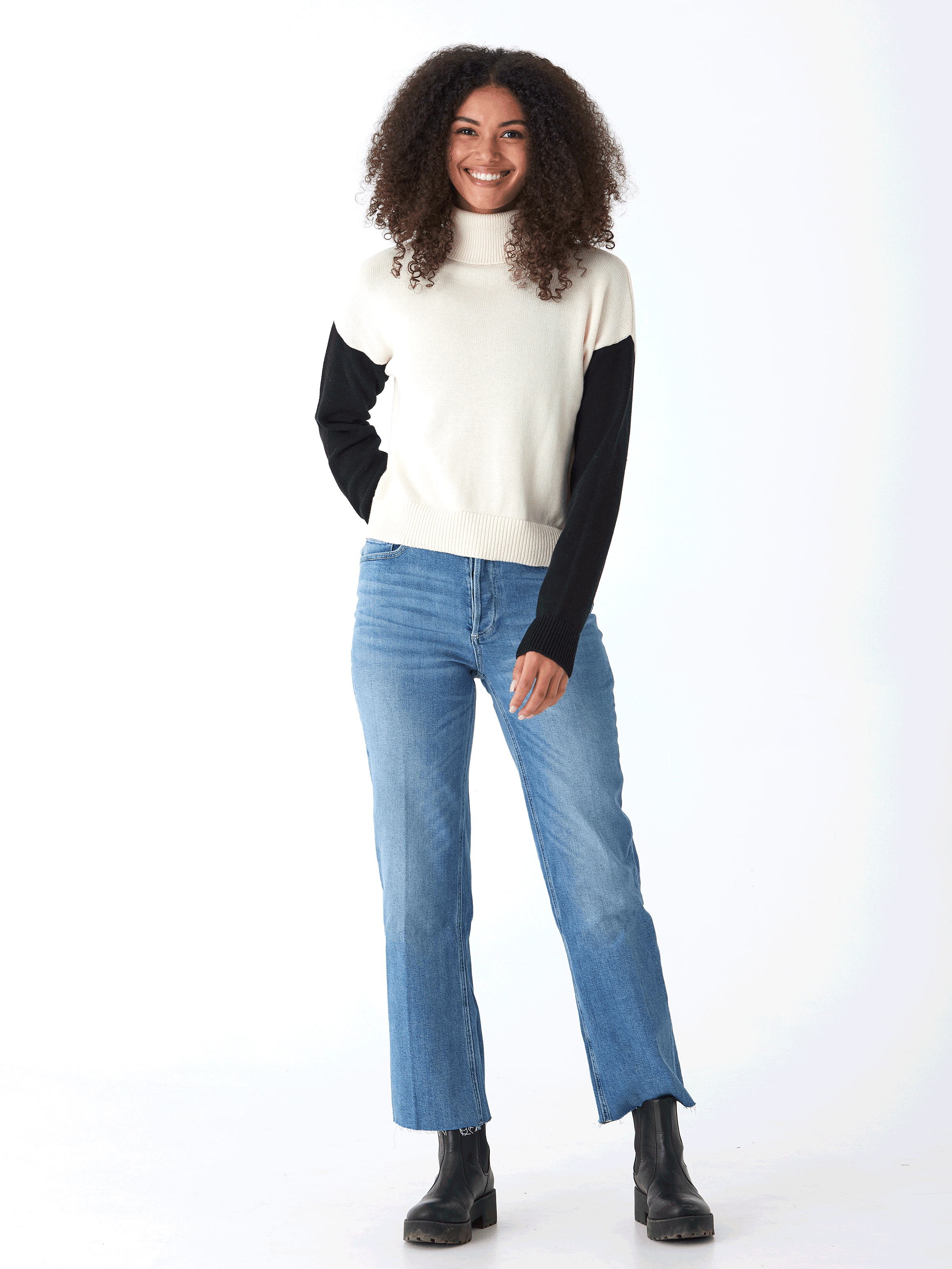 Off-White and Black Colorblock Turtleneck Knit Sweater