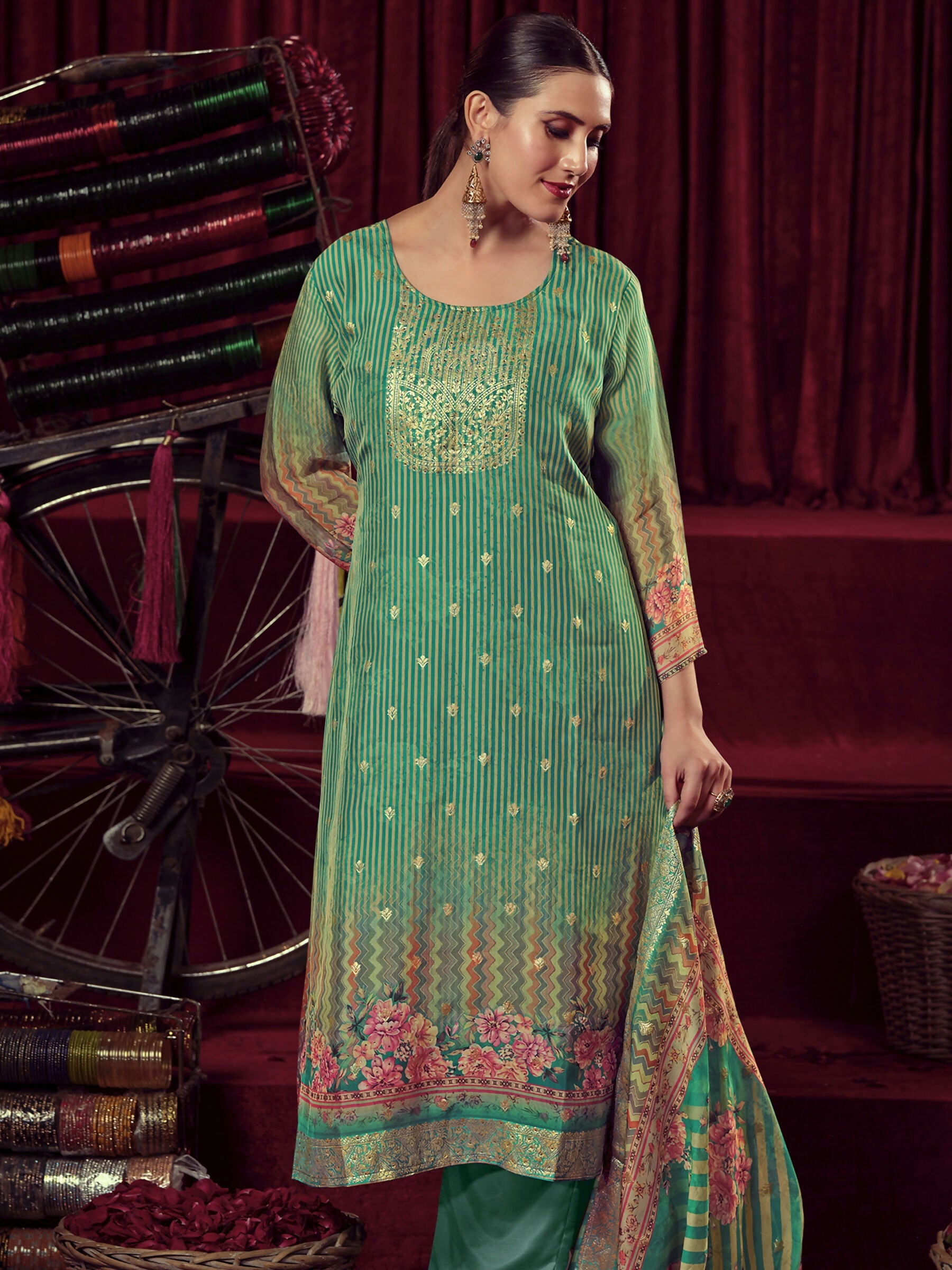 Green Organza Jacquard Woven Straight Kurta Set with Dupatta