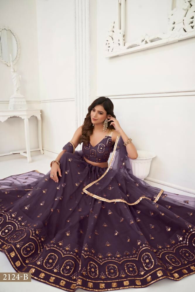 Dusty Wine Butterfly Net Lehenga with Sandwich Sequence Work