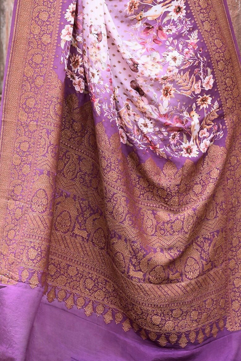Dark and Light Lilac Crepe Chiffon Banarasi Silk Saree