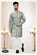 Men's green and blue straight silk kurta set with all-over sequence embroidery.