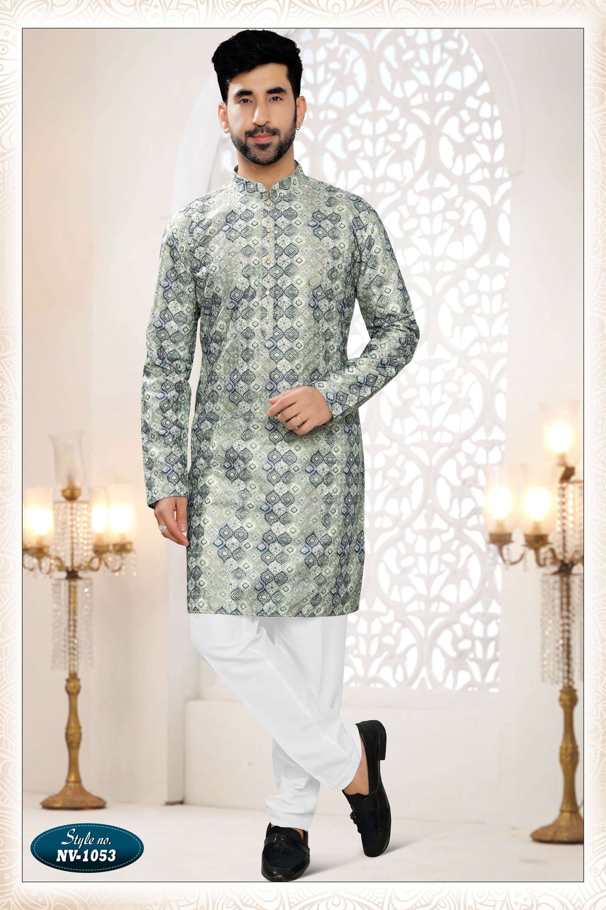 Men's green and blue straight silk kurta set with all-over sequence embroidery.