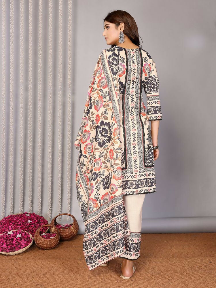 Cream Linen Printed Kurta Set with Notch Neck