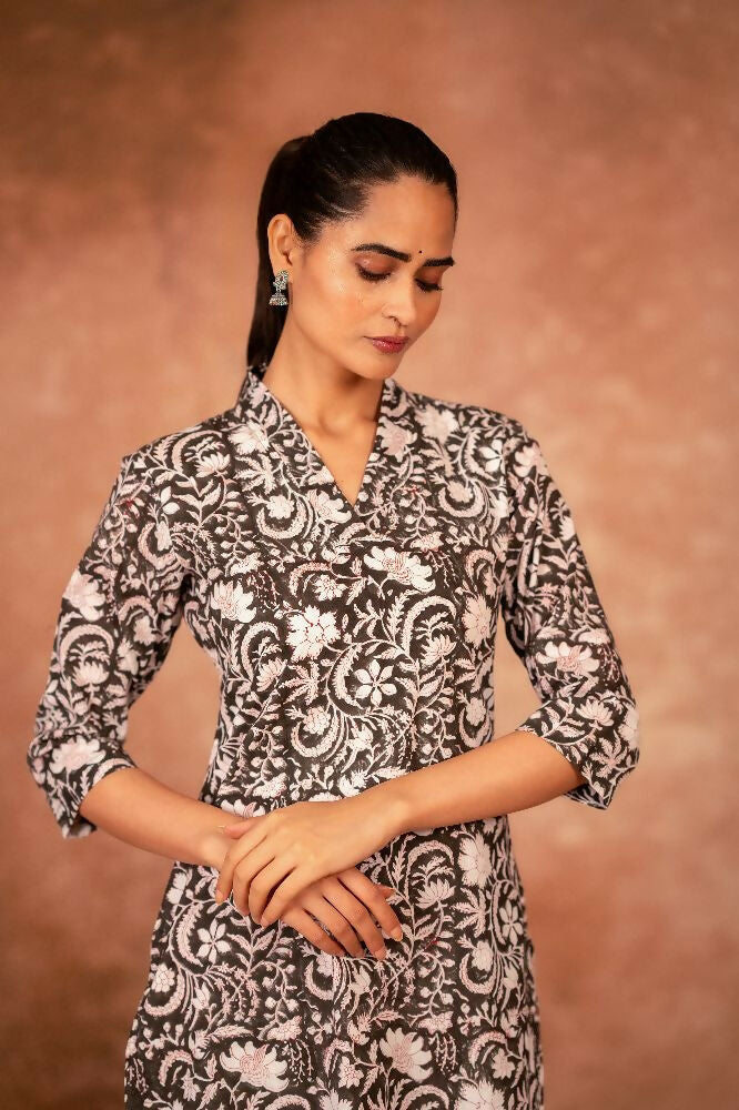 Black Floral Hand Block Printed Cotton Kurta and Pant Set