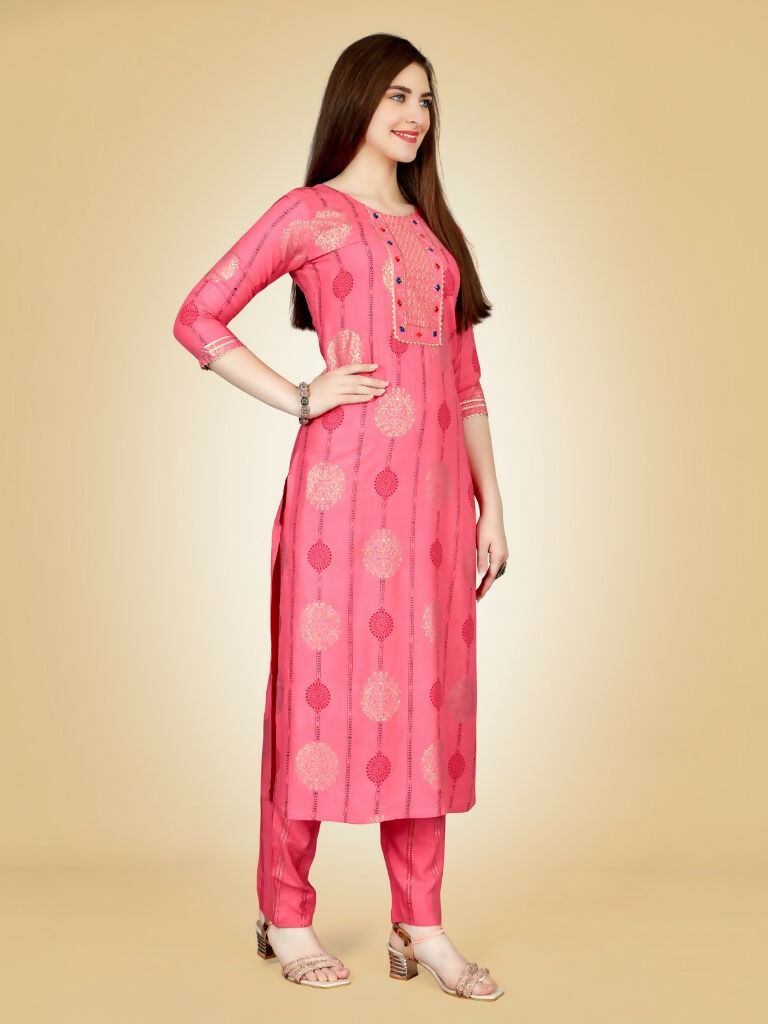 Women's Pink Embroidered Straight Kurta Pant Set in Viscose Rayon