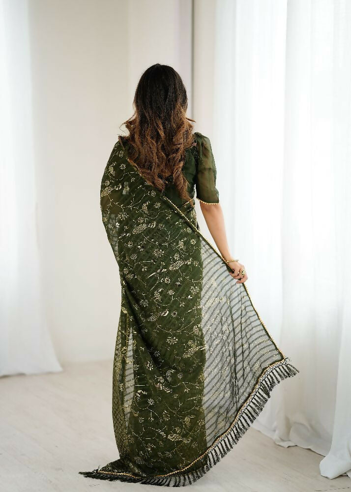 Mehendi Georgette Saree with Foil Work and Zalar Lace Border