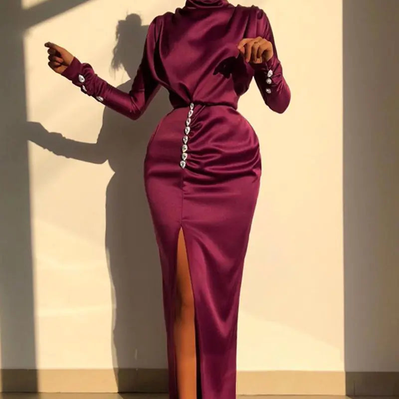 Women's Long Sleeve High Neck Split Maxi Dress Satin Finish - Image 6