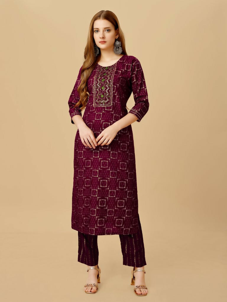 Women's Wine Embroidered Rayon Kurta Pant Set Straight Calf Length