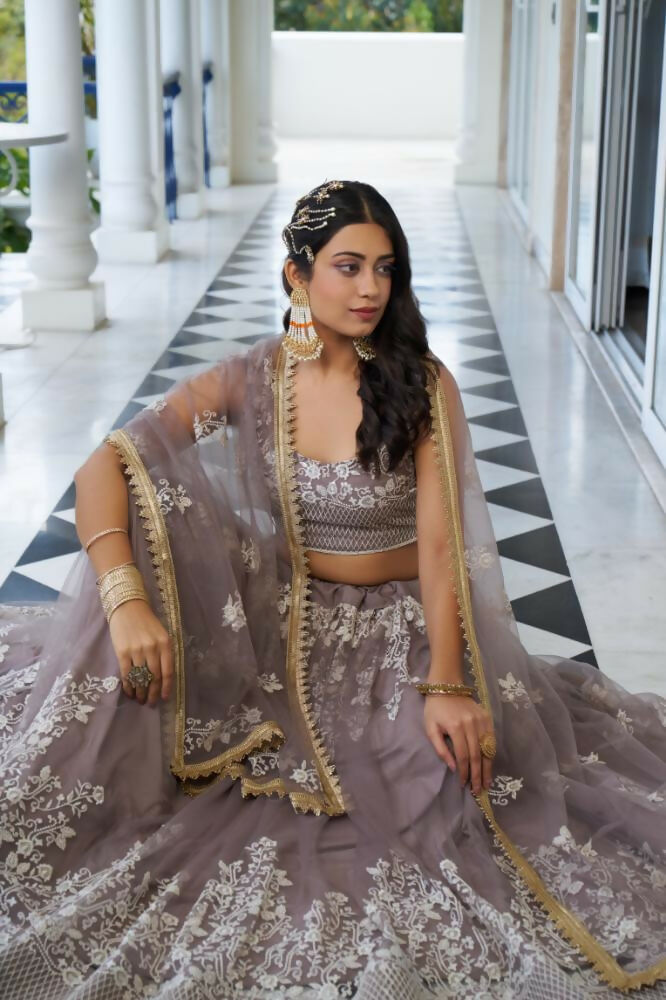 Light Dusty Brown Butterfly Net Wedding Lehenga with Thread Work