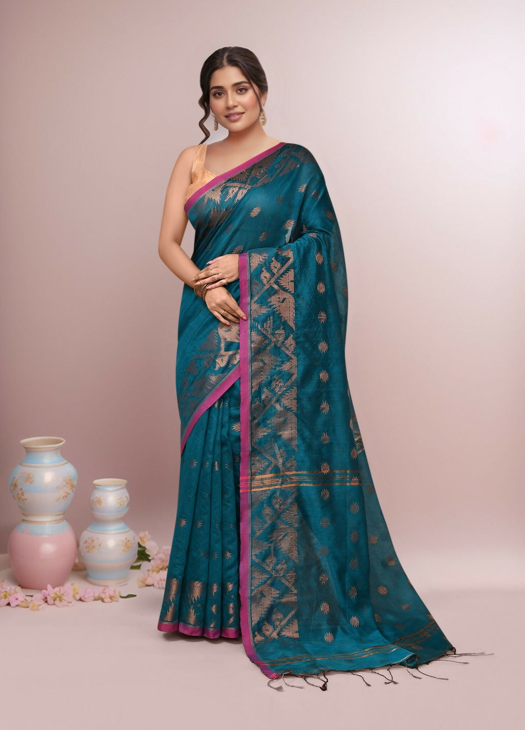 Beautiful Aqua Blue cotton blend handloom saree with soft fabric texture