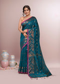Beautiful Aqua Blue cotton blend handloom saree with soft fabric texture