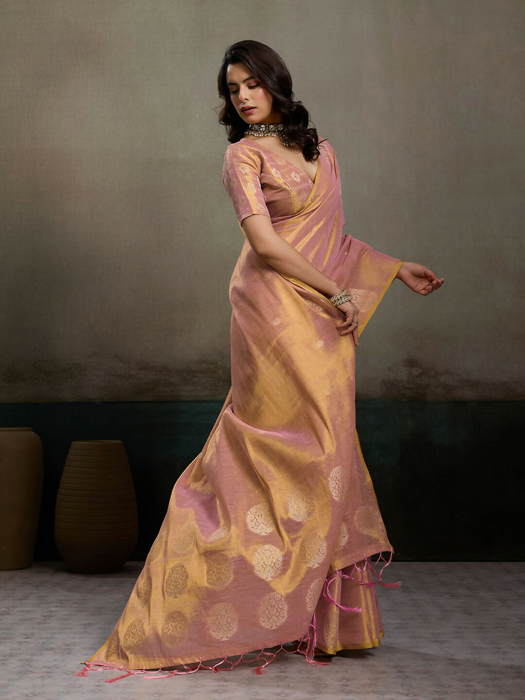 Light Pink Tissue Silk Saree with Matching Elegant Blouse