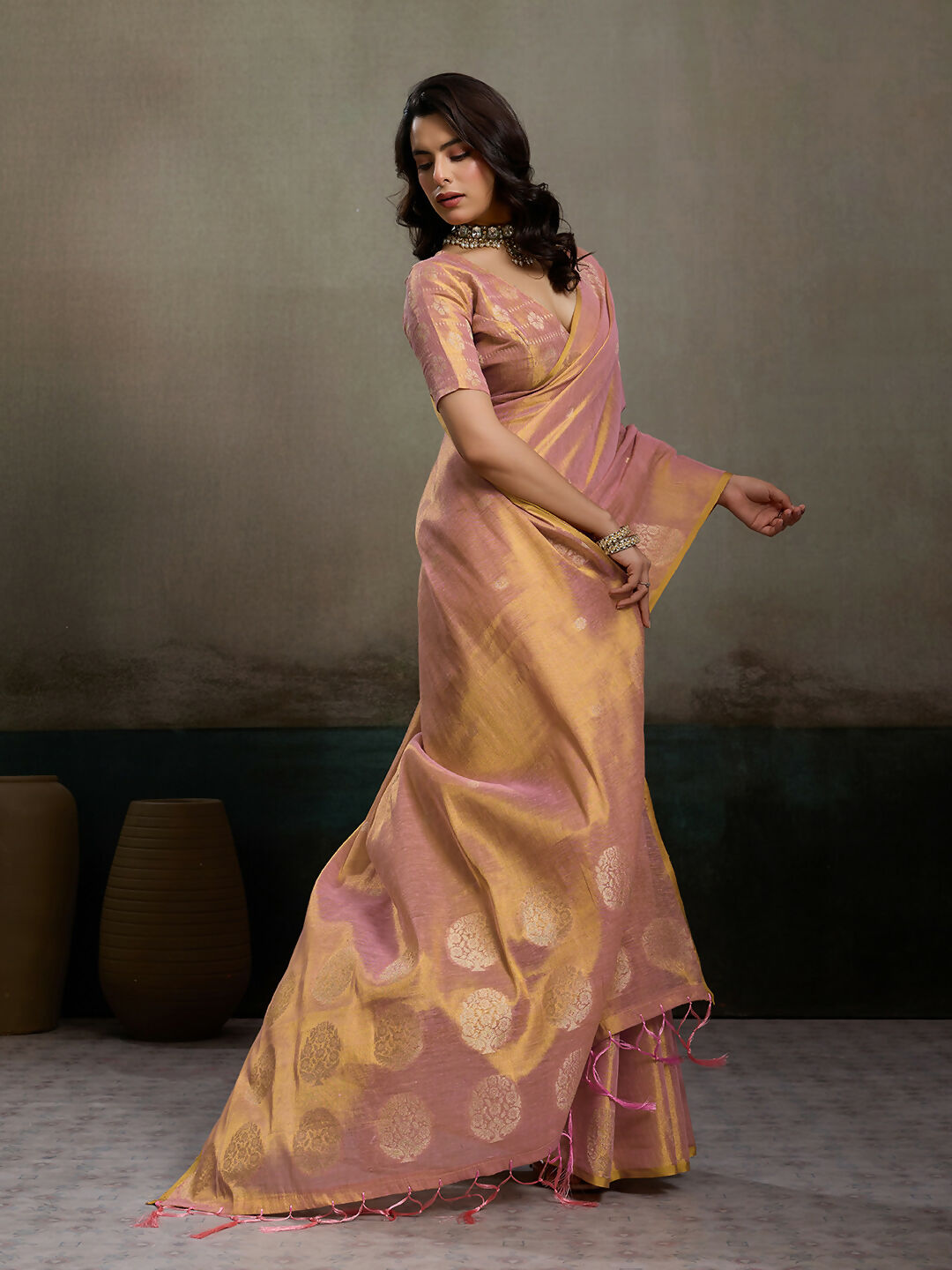 Light Pink Tissue Silk Saree with Matching Elegant Blouse