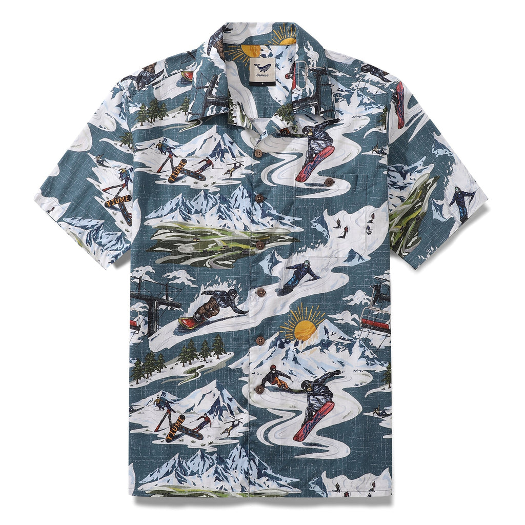 Unisex vintage-style teal and white cotton Hawaiian shirt with camp collar and mountain sport graphic print